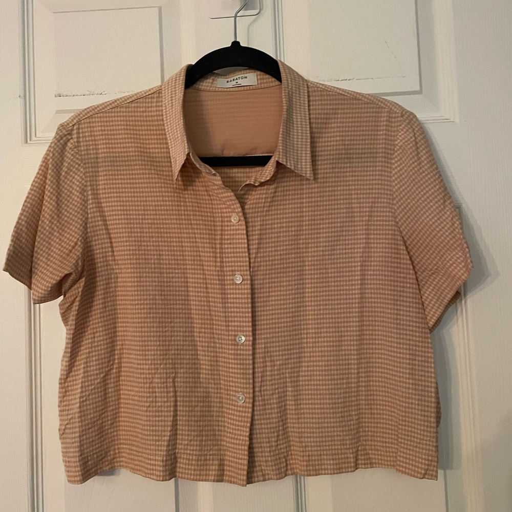 Babaton Short Sleeve Button-Down Shirt in Peach Gingham